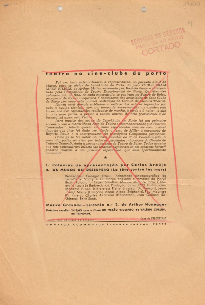 Documentação do Cineclube do Porto visada pela censura. Excerto de programa, março de 1963. Acervo Cineclube do Porto / Arquivo Histórico Municipal do Porto